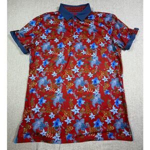 Sugar Mens Large Red Blue Floral Print Polo Shirt Casual Golf Tropical Vacation